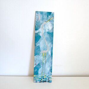 ERNEST LEE THE CHICKEN MAN FOLK ART PAINTING WHITE CRANE 5" X 18" SIGNED 2016